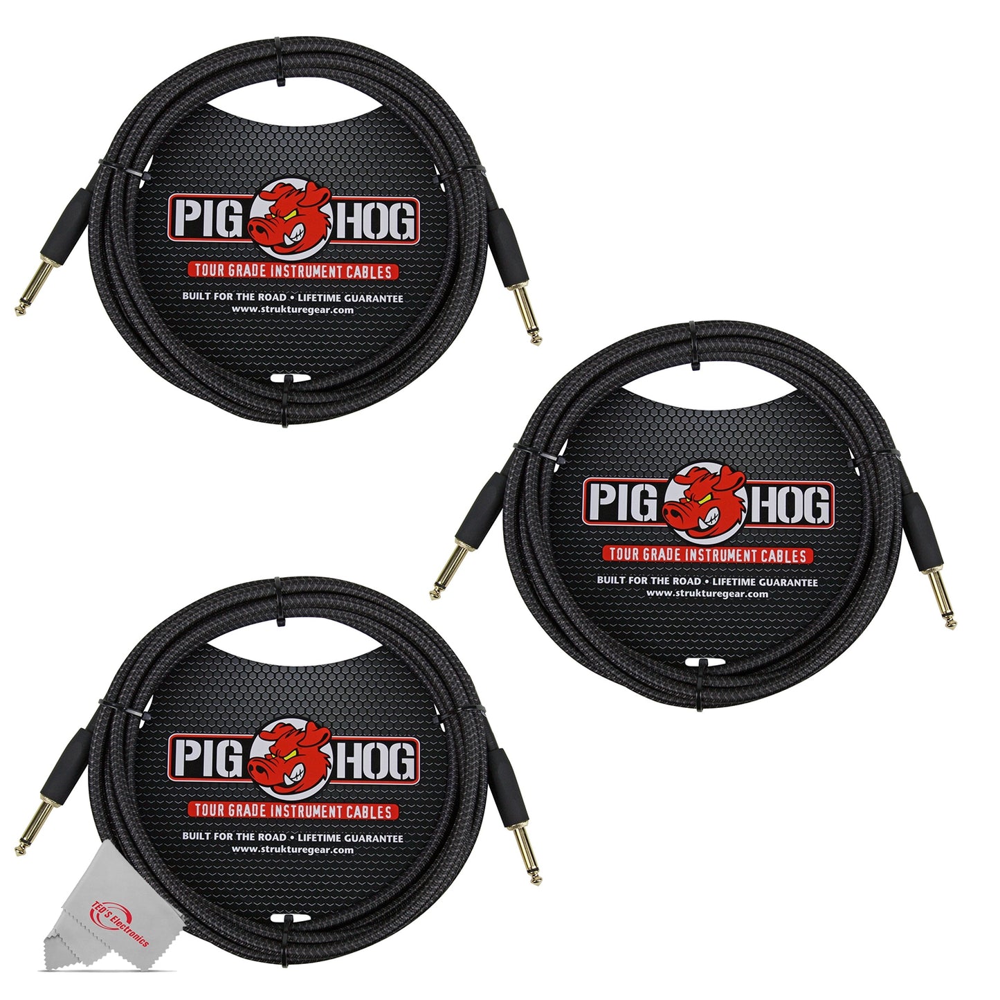 Pig Hog Black Woven Tour Grade Instrument Cable 1/4" to 1/4" Straight 10ft , PCH10BK - 3 Units