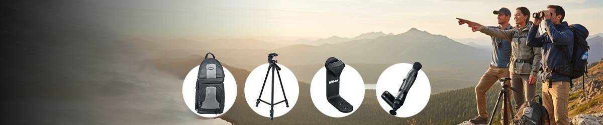 Three people on a mountain overlook, two using binoculars, one pointing. Overlay shows a backpack, tripod, mount, and selfie stick, all for outdoor or camera use.
