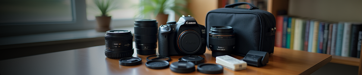A Canon camera with multiple lenses, lens caps, a charger, battery, and a black carrying case are arranged on a wooden table near a window and bookshelf.