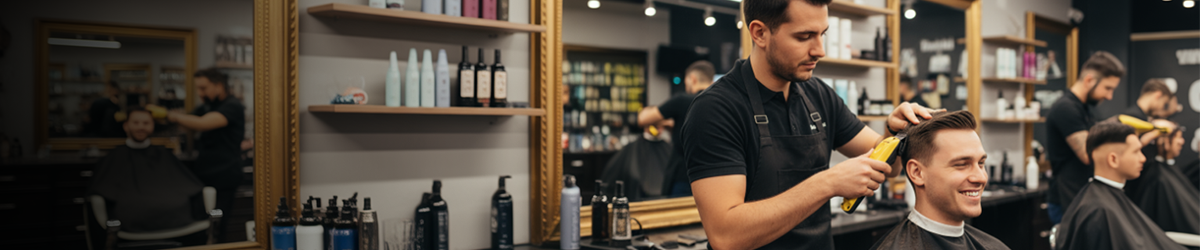 A barber cuts a smiling client’s hair in a modern, well-lit barbershop with shelves of hair products and mirrors in the background.