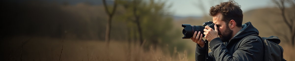 A man with a beard and backpack is outdoors in a field, holding a camera up to his eye and taking a photograph. Trees and blurred nature are in the background.