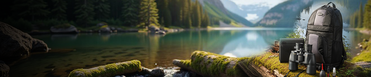 A camping backpack, binoculars, and a thermos rest on a mossy log beside a clear mountain lake, surrounded by pine trees and distant mountains under a partly cloudy sky.