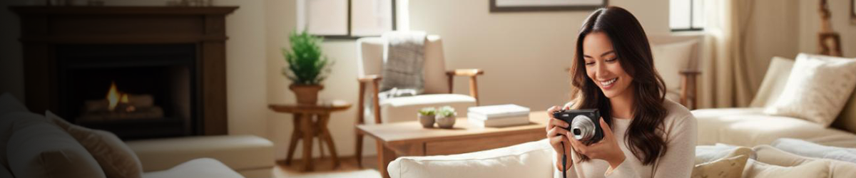 A woman sits on a cozy sofa in a warmly lit living room, smiling as she looks at a camera in her hands. The background features soft furnishings, a wooden table, and a fireplace.