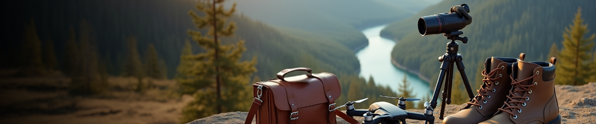 A leather bag, boots, drone, and camera on a tripod rest on a rocky ledge overlooking a winding river and pine-covered hills at sunset.