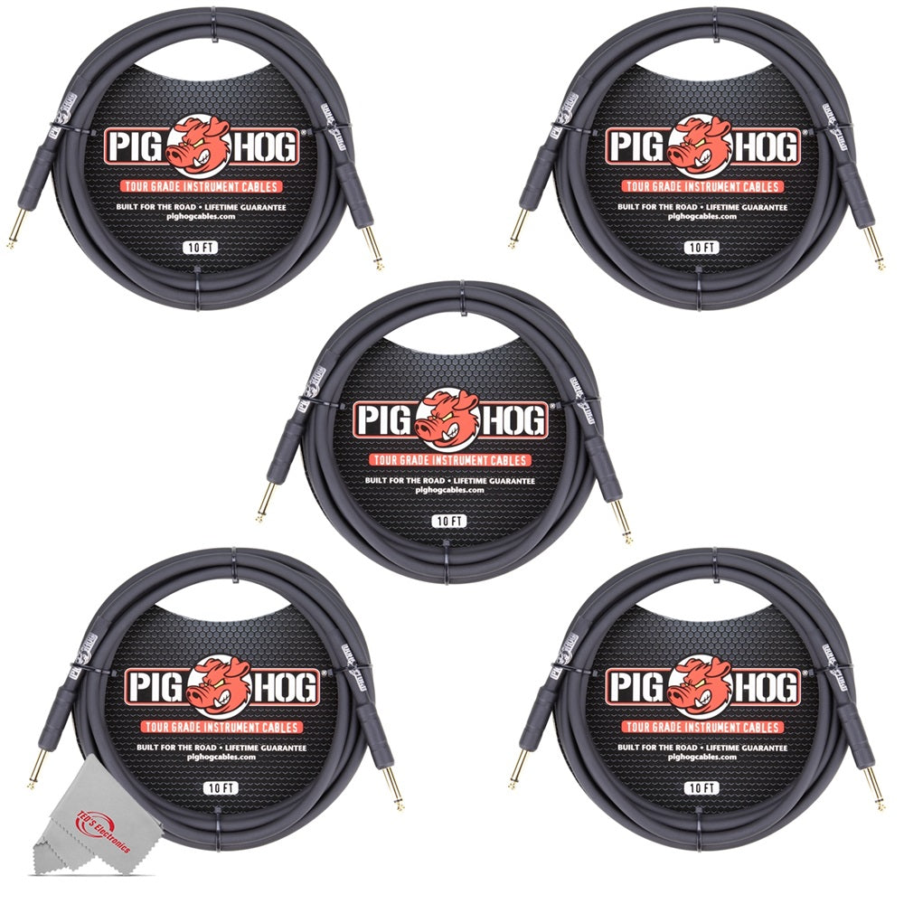 Pig Hog Tour Grade 10ft Instrument Cable 1/4 Inch to 1/4 Inch Straight Connectors Black - PH10 - 5 Units