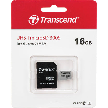Transcend 16GB MicroSD 300s 95MB/s Class 10 Micro SDHC Memory Card with SD Adapter