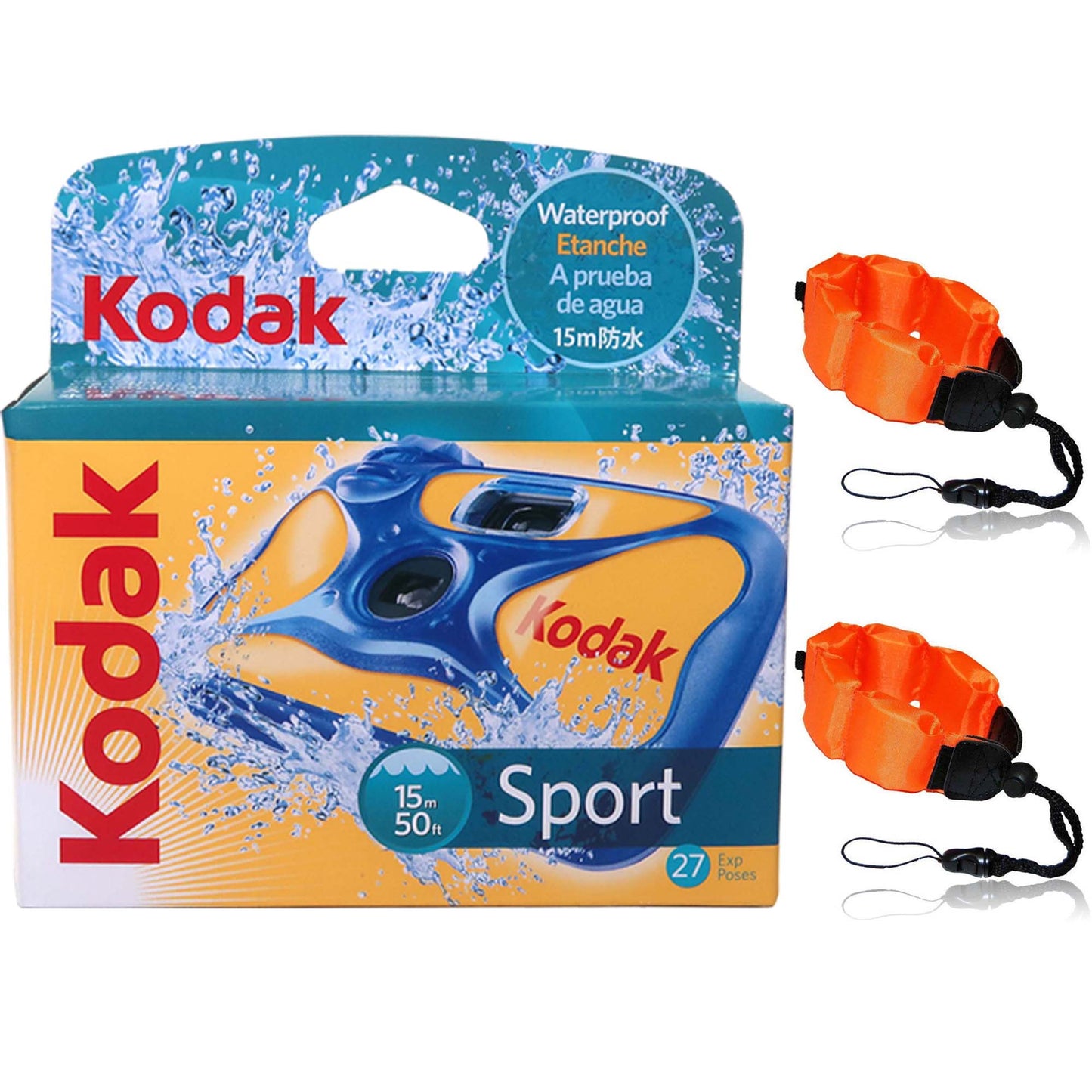 Kodak Water and Sport One-Time Use Disposable Camera (ISO-800) Waterproof (50'/15 m) 35mm - 27 Exposures + Floating Foam Strap-Orange