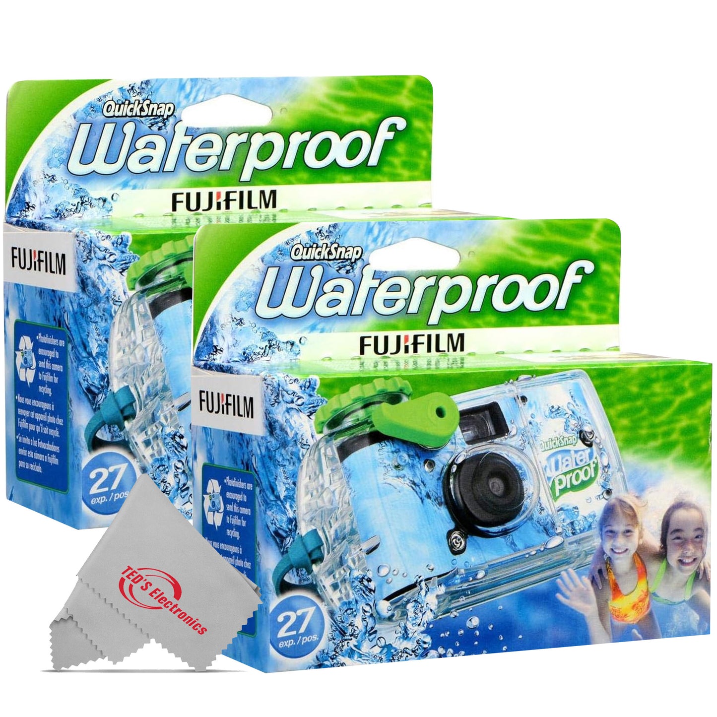 2x Fujifilm QuickSnap 800 Waterproof One-Time Use Disposable 35mm Camera - 27 Exposures with Microfiber Cleaning Cloth