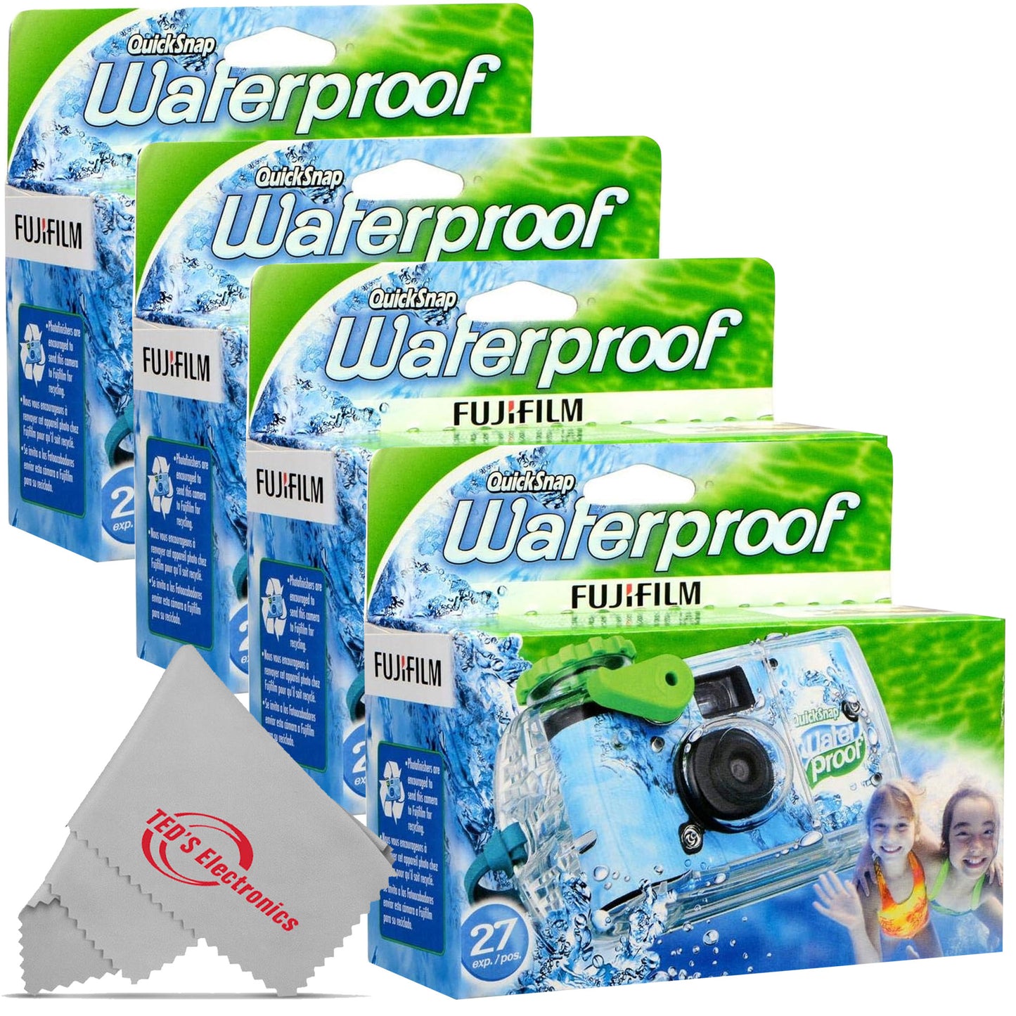 4x Fujifilm QuickSnap 800 Waterproof One-Time Use Disposable 35mm Camera - 27 Exposures with Microfiber Cleaning Cloth