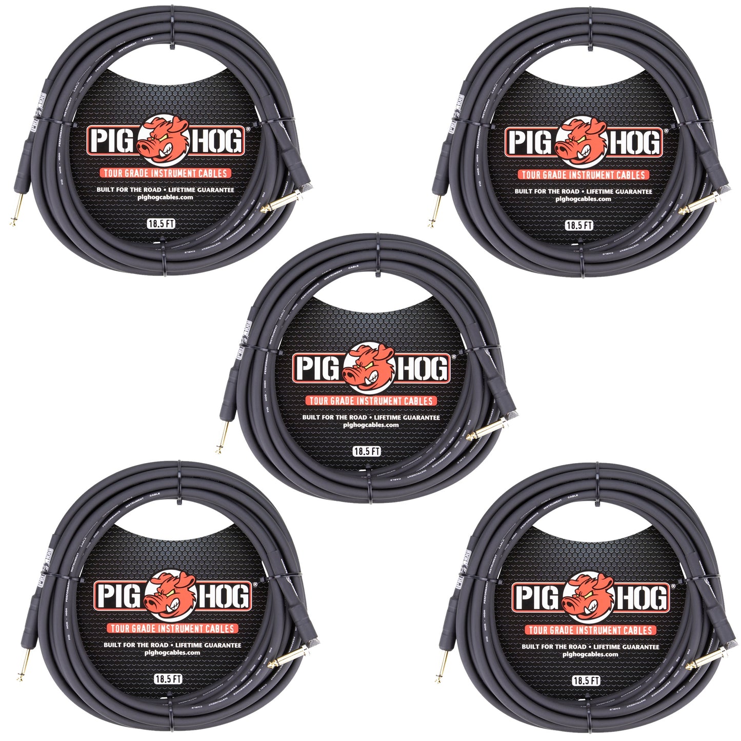 5x Pig Hog Tour Grade 18.5ft 1/4"-1/4" Cables - Straight to Right Angle