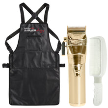 BaByliss Pro FXONE GOLDFX All-Metal Interchangeable-Battery Clipper #FX899G with Babyliss Pro Industrial Barber Apron and Wahl Flat Top Comb White