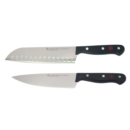 Wusthof Gourmet 7" Hollow Edge Santoku Knife, Black + Wusthof Gourmet 6" Chef's Knife