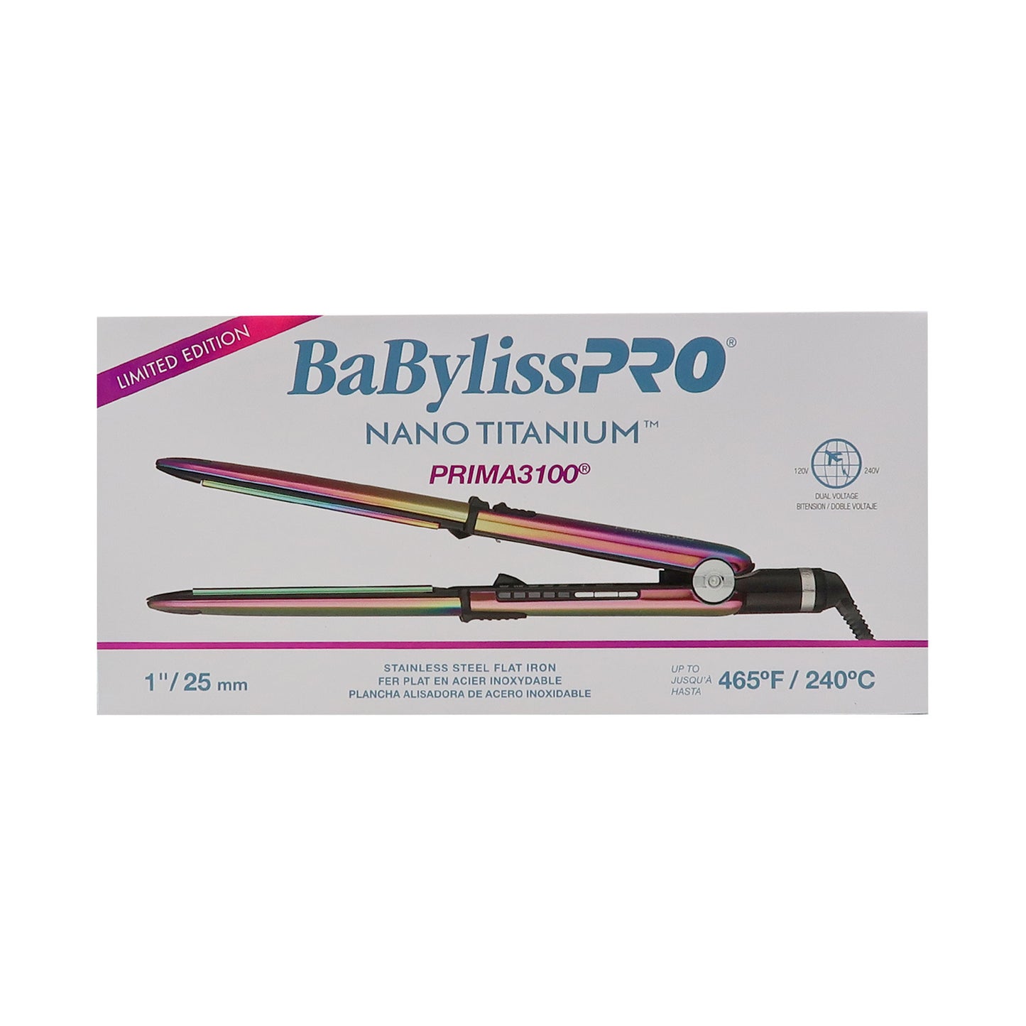 BaByliss Pro LIMITED EDITION Nano Titanium Prima 3100 Stainless Steel 1'' Ultra-Thin Flat Iron Iridescent #BNTRB3100TUC (Dual Voltage)