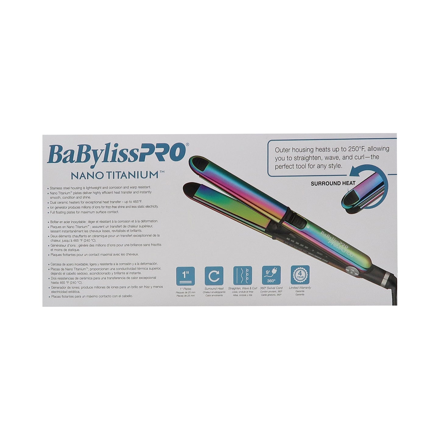 BaByliss Pro LIMITED EDITION Nano Titanium Prima 3100 Stainless Steel 1'' Ultra-Thin Flat Iron Iridescent #BNTRB3100TUC (Dual Voltage)