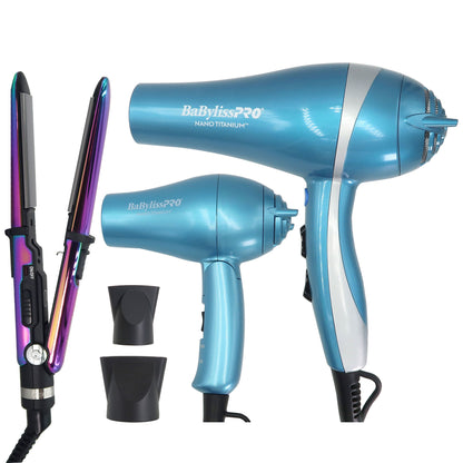 BaByliss Pro Nano Titanium Lightweight Ionic Dryer & Folding Travel Dryer BNTPP70 + Nano Titanium Prima2000 3/4" Mini Flat / Curling Iron Iridescent BNTBRB2000UC