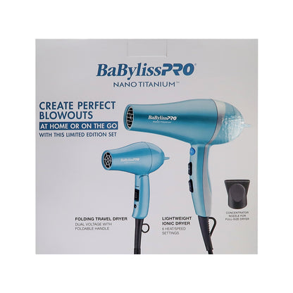 BaByliss Pro Nano Titanium Lightweight Ionic Dryer & Folding Travel Dryer BNTPP70 + Nano Titanium Prima2000 3/4" Mini Flat / Curling Iron Iridescent BNTBRB2000UC