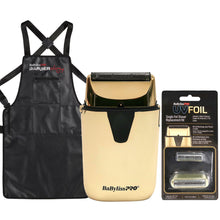 BaByliss Pro UVFOIL UV-Disinfecting Metal Single Foil Shaver Gold FXLFS1G with BaByliss Pro UVFOIL Single-Foil Shaver Replacement Kit Gold FXLRF1G and Barber Apron