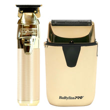 BaByliss Pro UVFOIL UV-Disinfecting Metal Single Foil Shaver - Gold #FXLFS1G with BaByliss Pro FXONE GOLDFX All-Metal Interchangeable-Battery Trimmer #FX799G