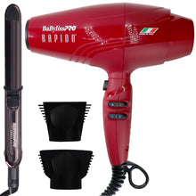 BaByliss Pro Rapido Nano Titanium Italian Performance Hair Dryer (Red) #BRRAP1 with LIMITED EDITION Nano Titanium Prima 3000 Flat Iron Midnight Purple - 1¼" #BNTP3000TUC (Dual Voltage)