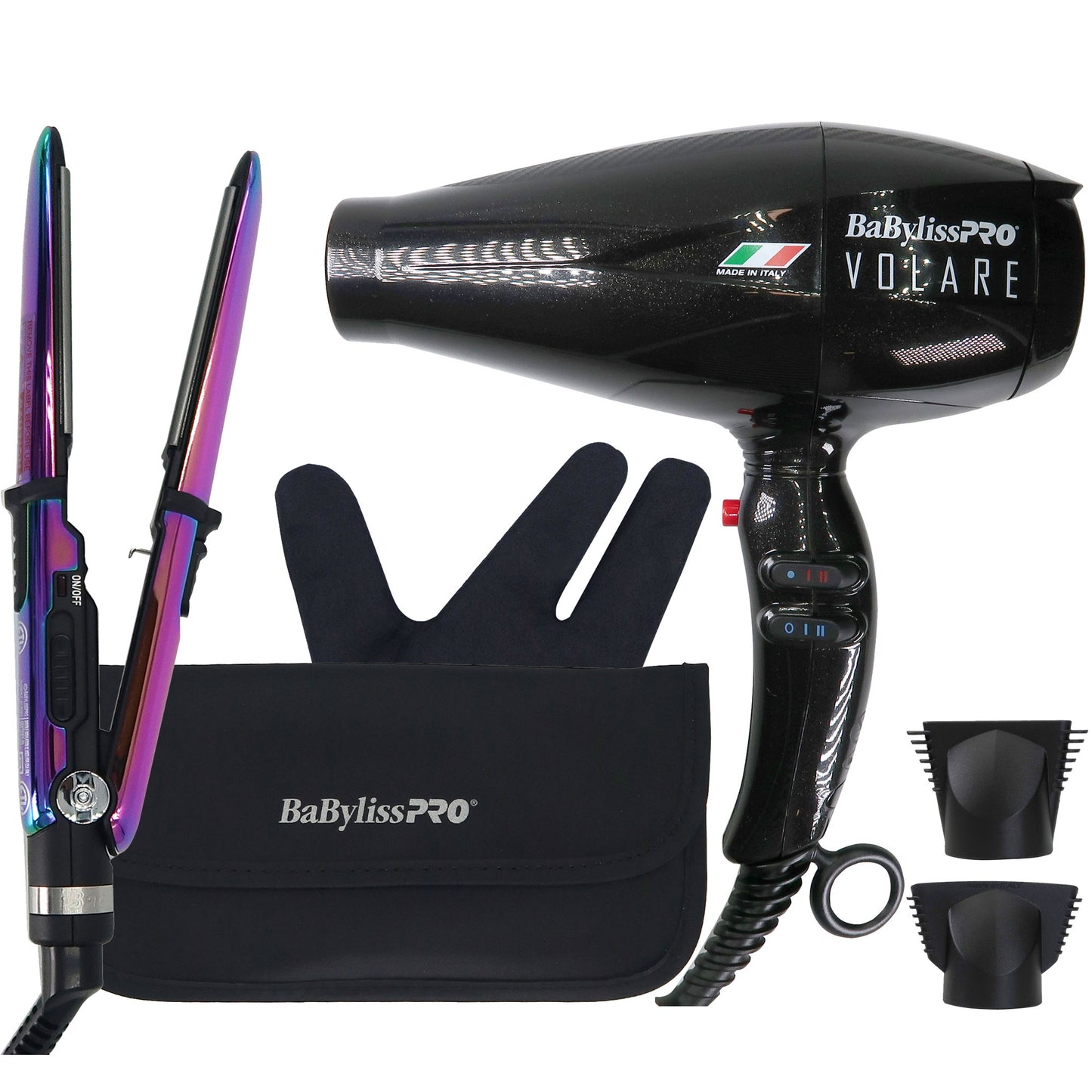 BaByliss Pro Volare Nano Titanium Italian Performance Hair Dryer #BVOL1 with Nano Titanium Prima2000 3/4" Mini Flat / Curling Iron Iridescent #BNTBRB2000UC