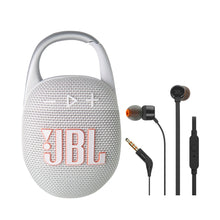 JBL Clip 5 Portable Waterproof Wireless Speaker (White) with JBL T110 In-Ear Headphones (Black)