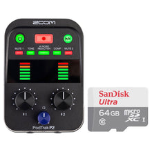 Zoom PodTrak P2 USB Mic Recorder for Podcasters with SanDisk Ultra 64GB microSDXC Memory Card