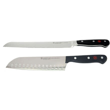 Wusthof Classic 9" Bread Knife Silver with Wusthof Gourmet 7" Hollow Edge Santoku Knife Black