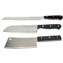 Wusthof Classic 9" Bread Knife with Wusthof Gourmet 7" Hollow Edge Santoku Knife and Wusthof 6" Cleaver Knive