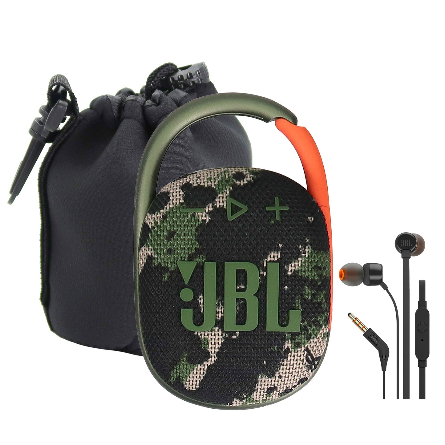 JBL Clip 4 Portable Bluetooth Waterproof Speaker (Squad) with Waterproof Neoprene Speaker Pouch and JBL T110 In Ear Headphones