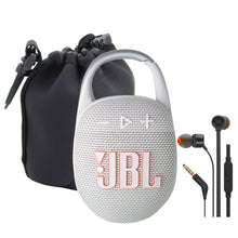 JBL Clip 5 Portable Waterproof Wireless Speaker (White) with Waterproof Speaker Pouch and JBL T110 In Ear Headphones