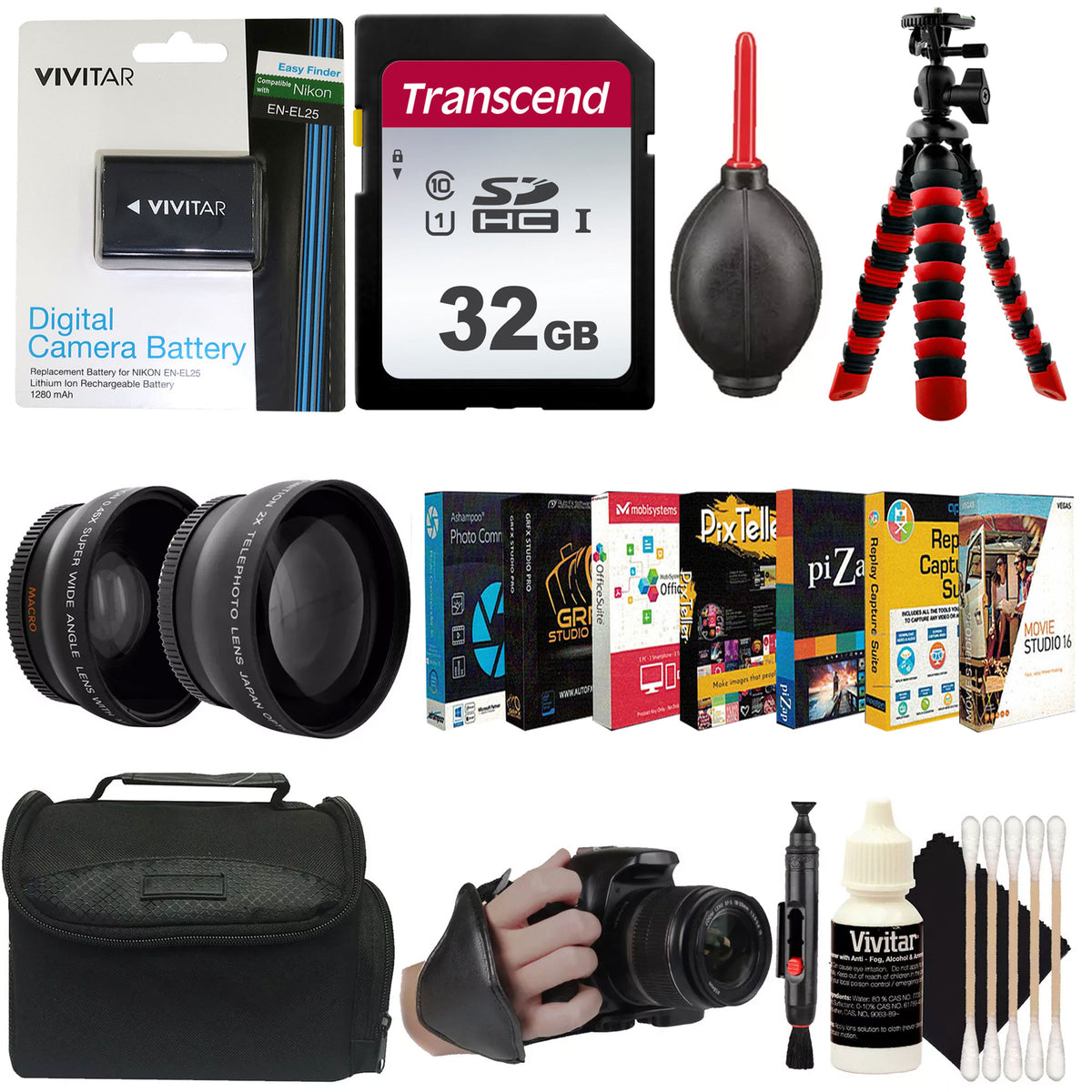 EN-EL25 Lithium-Ion Rechargeable Battery 1500 mAh for Nikon Z30 Z50 ZFC Z30 + Photo Video Editing Suite + 46mm HD 2.2X Telephoto Lens + 46mm HD .43X Wide Angle Lens + 32GB SDXC/SDHC Card + Case + Large Rubberized Spider Tripod + CleaningKit + Grip Strap