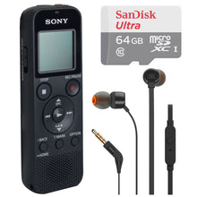 Sony ICD-PX370 Digital Voice Recorder with JBL T110 in Ear Headphones and SanDisk Ultra 64GB microSDXC Memory Card w/ SD Adapter