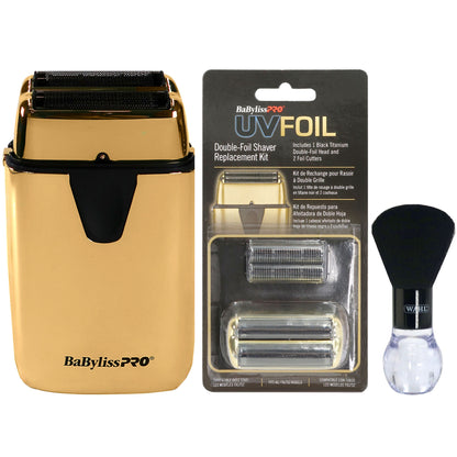 BaByliss Pro UVFOIL UV-Disinfecting Metal Double Foil Shaver #FXLFS2G (Gold) with UVFOIL Double-Foil Replacement Kit FXLRF2G and Neck Duster