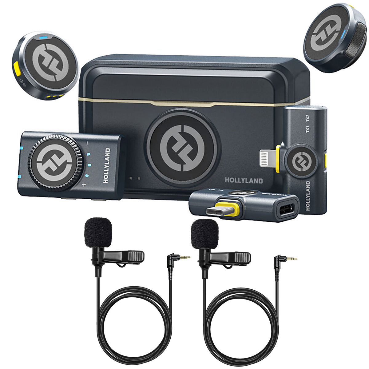 Hollyland LARK M2 Wireless Lavalier Microphone Combo (Shine Charcoal) + 2x Hollyland Lavalier Microphone: Omni Sound, Wide Compatibility (3.5mm)