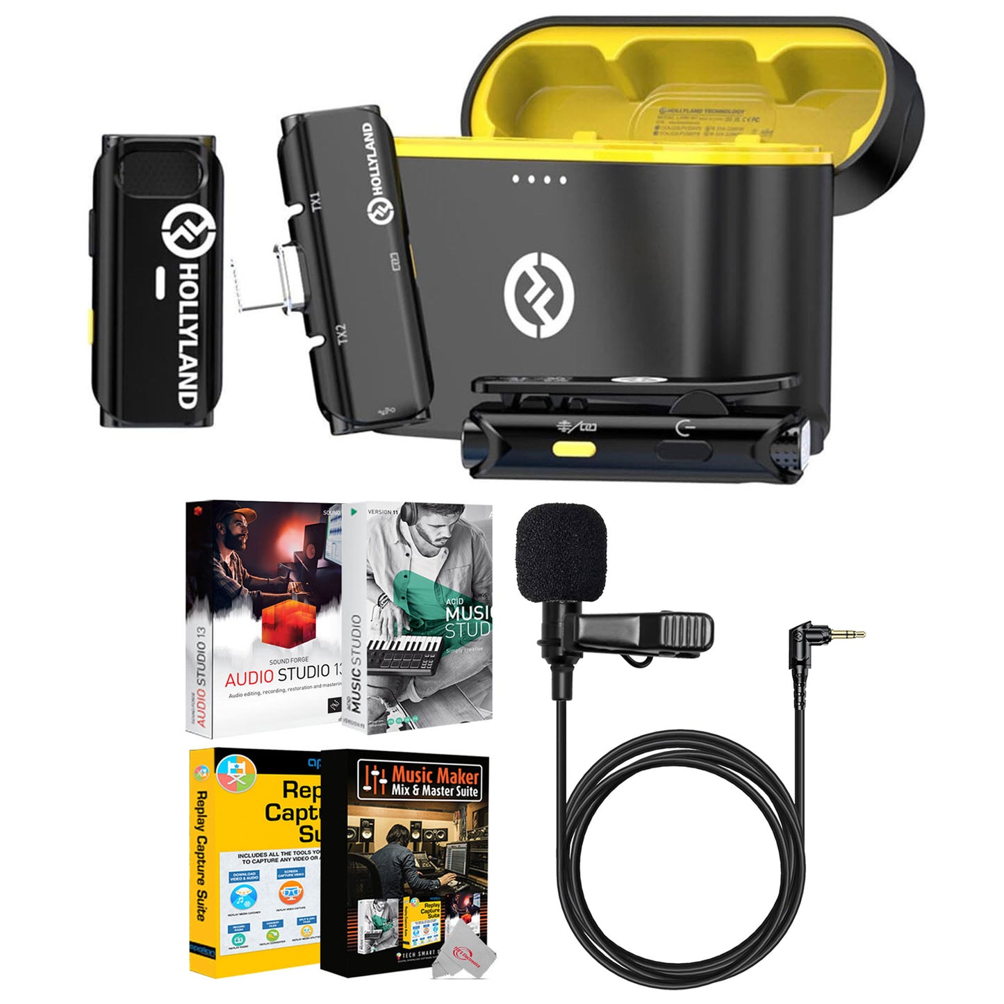 Hollyland Lark C1 Duo 2-Person Wireless Microphone System with USB-C Connector for Mobile Devices, Black, LARK C1 DUO-ANDROID-B + Hollyland Lavalier Microphone: Omni Sound, Wide Compatibility (3.5mm) + Music Maker Mix and Master Suite