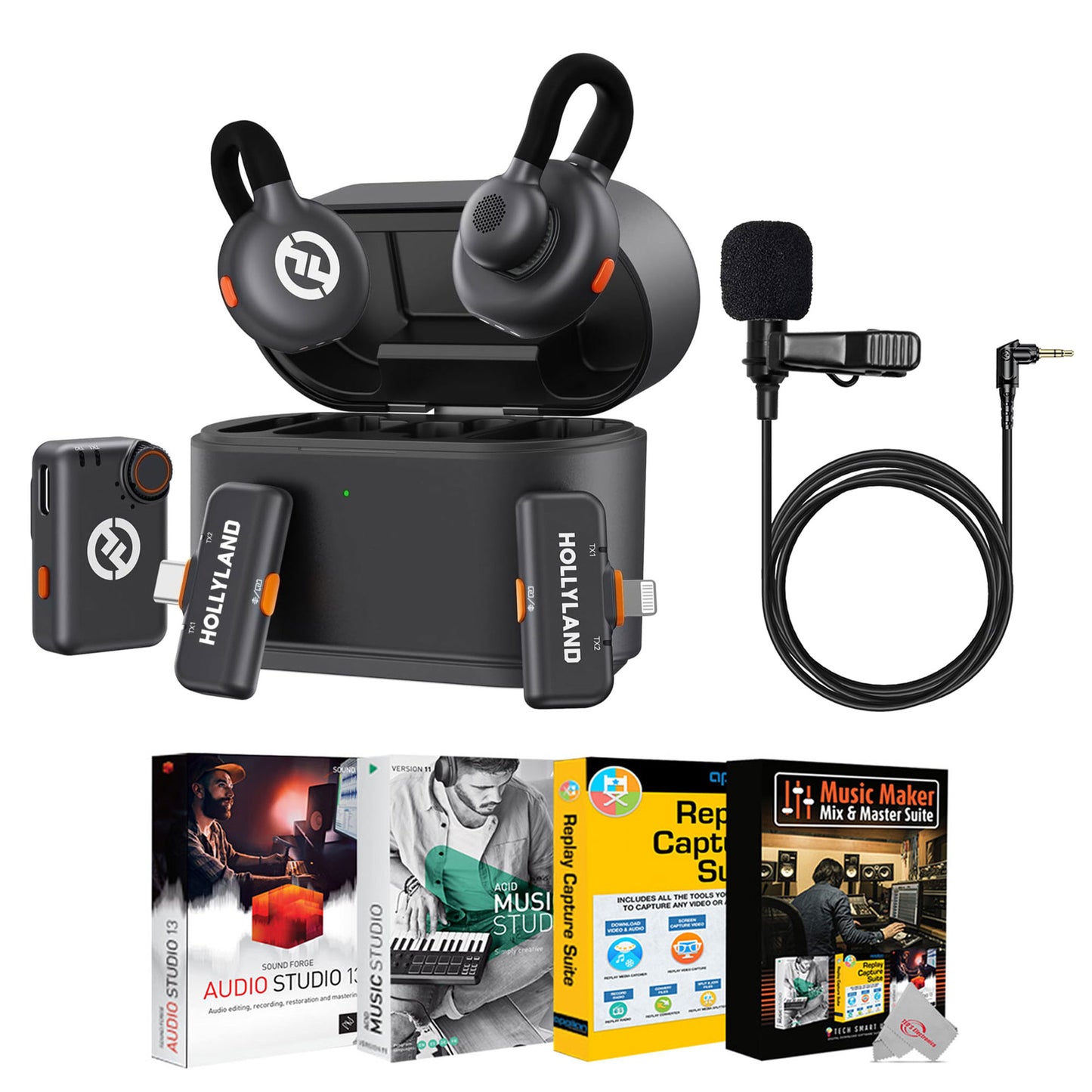 Hollyland Lark M2S Ultimate Combo (Camera RX+USB-C RX+Lightning RX) Wireless Lavalier Microphone for iPhone/Camera/Android/PC + Hollyland Lavalier Microphone: Omni Sound, Wide Compatibility (3.5mm) + Music Maker Mix and Master Suite