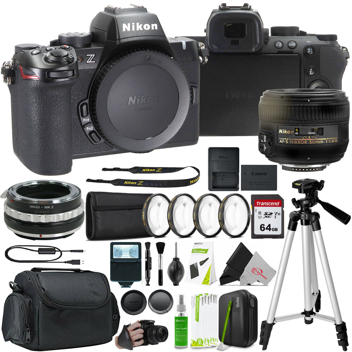 Nikon Z50 II Mirrorless Camera + Nikon AF-S NIKKOR 50mm f/1.4G Lens + Lens Mount Adapter for Nikon F Mount G-Type Lenses to Mount on Nikon Z Series Cameras - Manual Control + 64GB SDXC Card + Tripod + 58mm Filter Set + Grip Strap + Case + flash + Cleaning