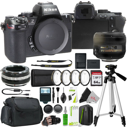 Nikon Z50 II Mirrorless Camera + Nikon AF-S NIKKOR 50mm f/1.4G Lens + Lens Mount Adapter for Nikon F Mount G-Type Lenses to Mount on Nikon Z Series Cameras - Manual Control + 64GB SDXC Card + Tripod + 58mm Filter Set + Grip Strap + Case + flash + Cleaning