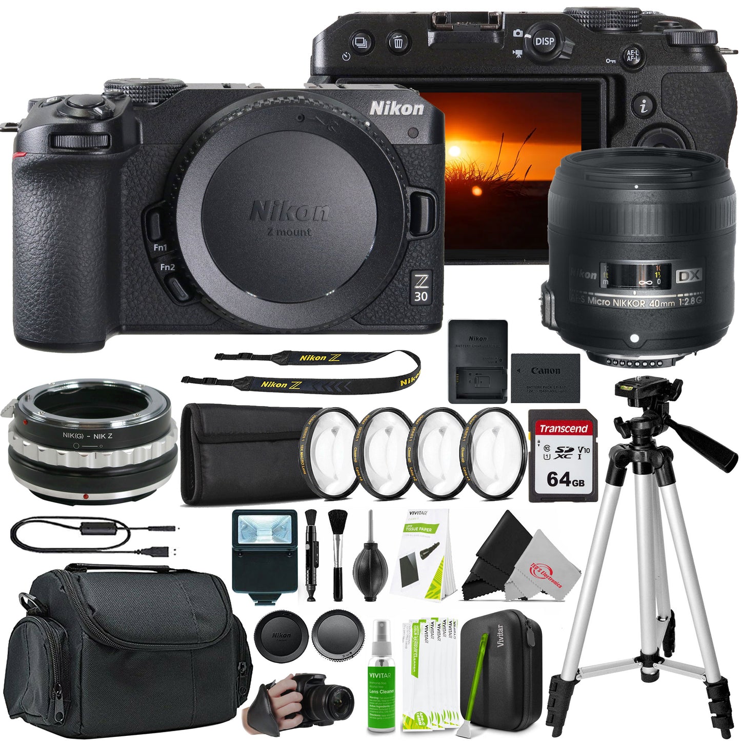 Nikon Z 30 Mirrorless Camera + Nikon AF-S DX Micro-NIKKOR 40mm f/2.8G Lens + Lens Mount Adapter for Nikon F Mount G-Type Lenses to Mount on Nikon Z Series Cameras + 52MM Filter Set + 64GB SDXC Card + Tripod + Grip Strap + flash + Case + Cleaning Kit