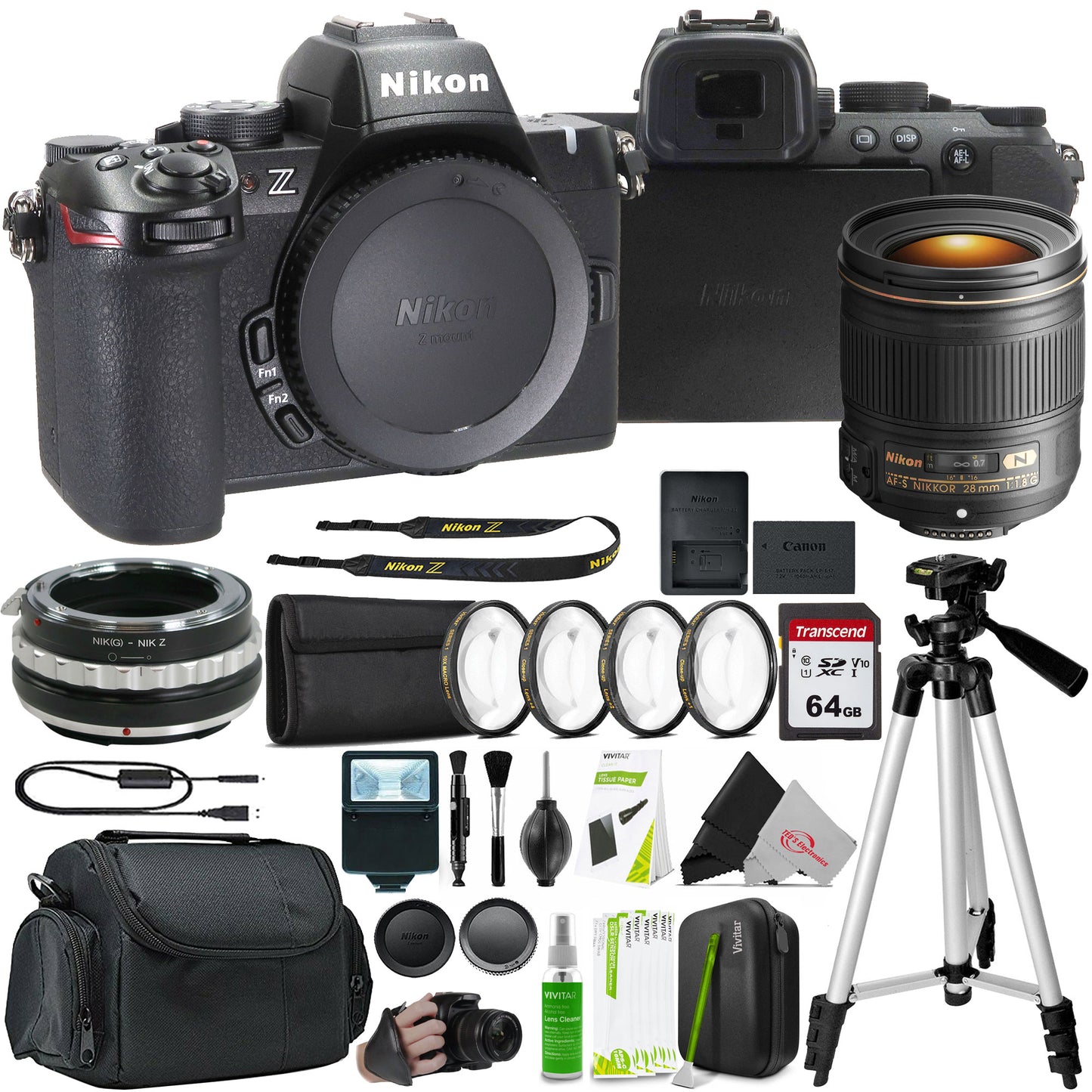 Nikon Z50 II Mirrorless Camera + Nikon AF-S NIKKOR 28mm f/1.8G Lens + Lens Mount Adapter for Nikon F Mount G-Type Lenses to Mount on Nikon Z Series Cameras - Manual Control + 67MM Filter Set + 64GB SDXC Card + Tripod + Grip Strap + flash + Case + Cleaning