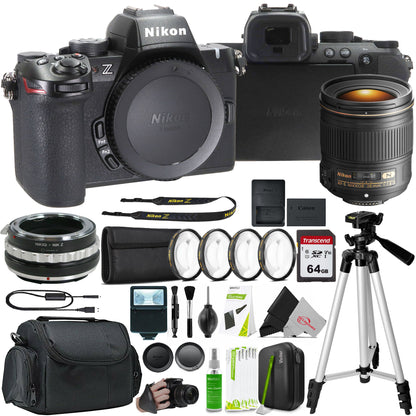 Nikon Z50 II Mirrorless Camera + Nikon AF-S NIKKOR 28mm f/1.8G Lens + Lens Mount Adapter for Nikon F Mount G-Type Lenses to Mount on Nikon Z Series Cameras - Manual Control + 67MM Filter Set + 64GB SDXC Card + Tripod + Grip Strap + flash + Case + Cleaning