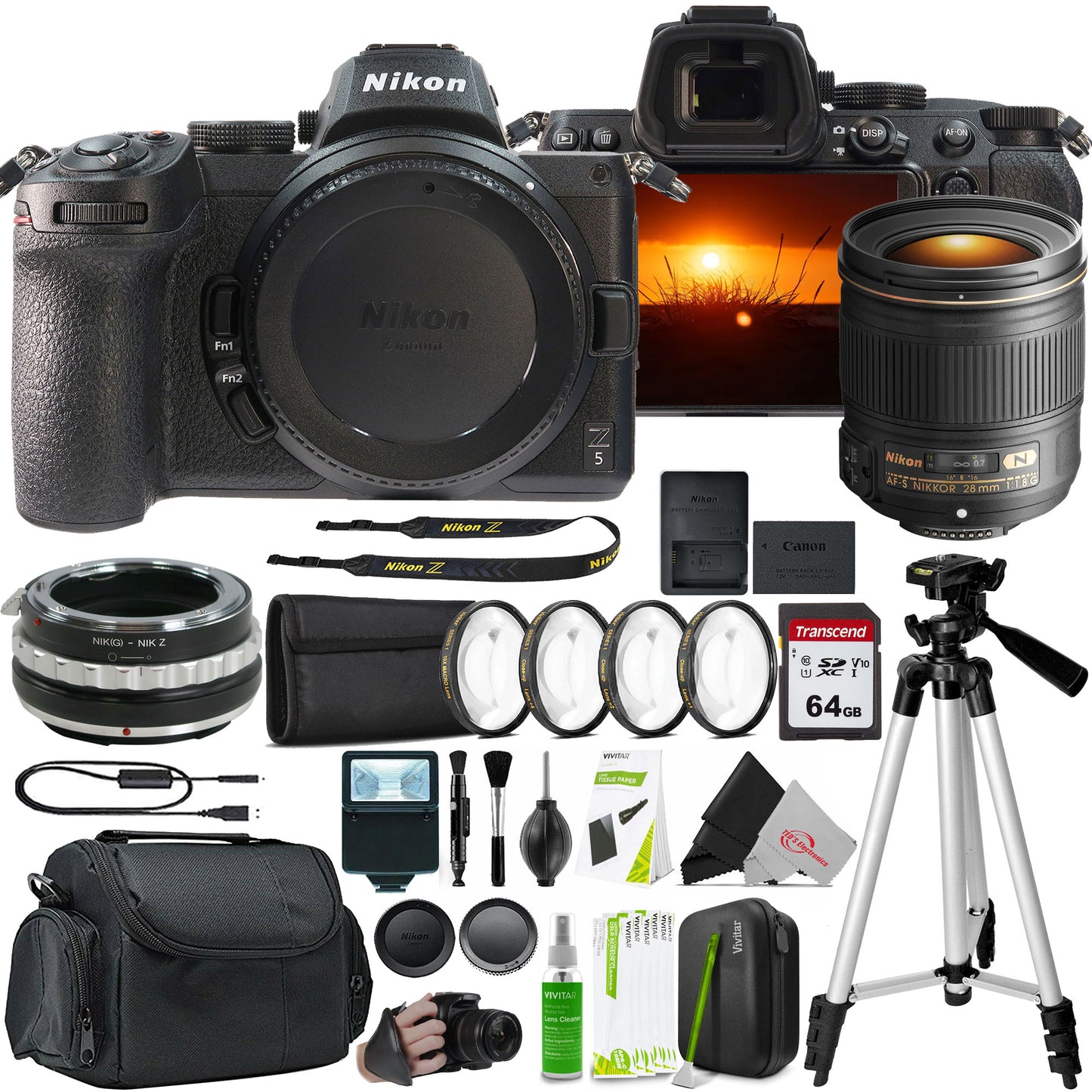 Nikon Z 5 Mirrorless Digital Camera with AF-S NIKKOR 28mm f/1.8G Lens and F to Z Adapter Enhanced Macro Kit by Nikon, including lens caps, filters, tripod, memory card, bag, battery, charger, strap, cleaning tools, remote—plus 4K video—all arranged neatly.