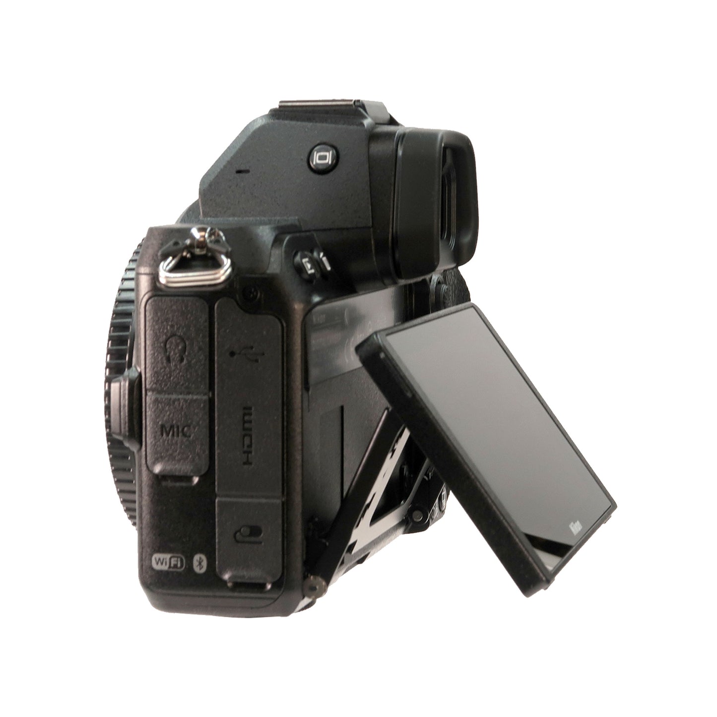 A black Nikon Z 5 Mirrorless Digital Camera with AF-S NIKKOR 28mm f/1.8G Lens and F to Z Adapter Enhanced Macro Kit is shown on a white background, its LCD flipped out and exposing MIC and HDMI ports on the left; it supports 4K video recording.