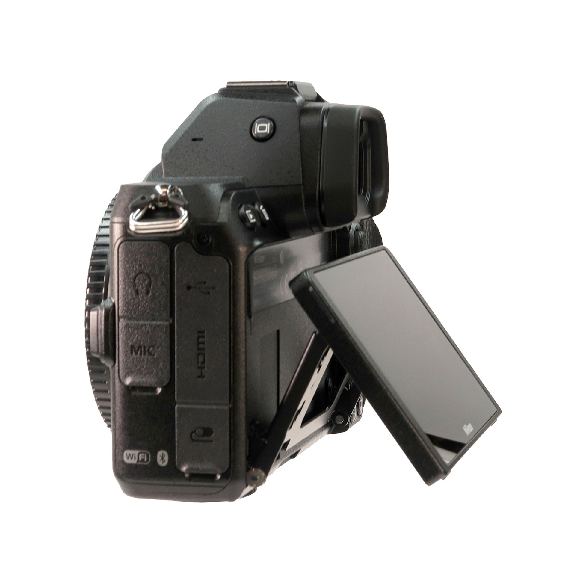 A black Nikon Z 5 Mirrorless Digital Camera with AF-S NIKKOR 28mm f/1.8G Lens and F to Z Adapter Enhanced Macro Kit is shown on a white background, its LCD flipped out and exposing MIC and HDMI ports on the left; it supports 4K video recording.