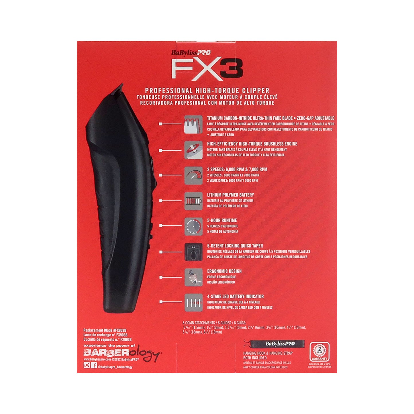 BaByliss Pro FX3 Black High Torque Cordless Clipper FXX3CB (Black) + BaByliss Pro FX3 Professional High-Speed Foil Shaver - Black #FXX3SB (Dual Voltage)