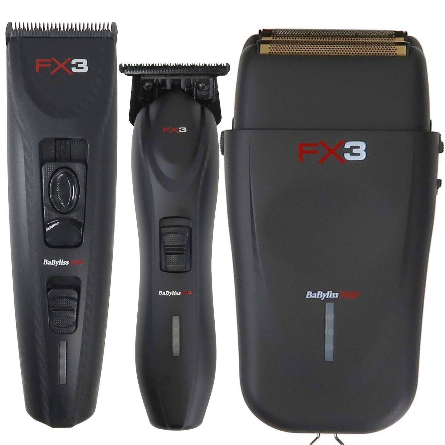BaByliss Pro FX3 High Torque Cordless Clipper FXX3CB with FX3 Professional High-Speed Foil Shaver FXX3SB and FX3 High Torque Trimmer FXX3TB