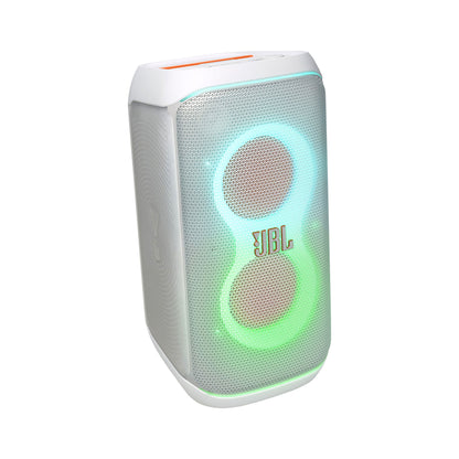 The JBL PartyBox Club 120 is a white 160W wireless party speaker with a mesh front, vibrant circular LED lights, and an orange-accented top—perfect for lively parties.
