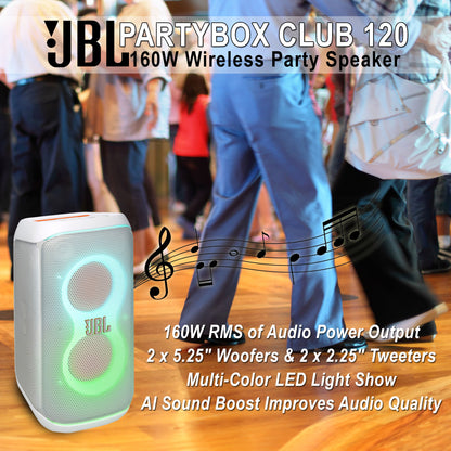A JBL PartyBox Club 120 160W Wireless Party Speaker (White) with colorful LED lights is shown in front, while people dance in the background. Text highlights AI Sound Boost and key JBL speaker features and specifications.