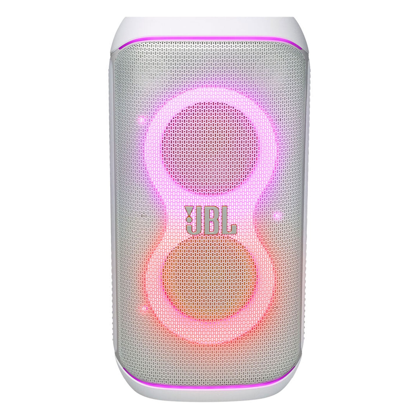The JBL PartyBox Club 120 160W Wireless Party Speaker (White) features a metallic front grill, pink LED lights in an 8-shape around the speakers, and AI Sound Boost for enhanced wireless party sound.