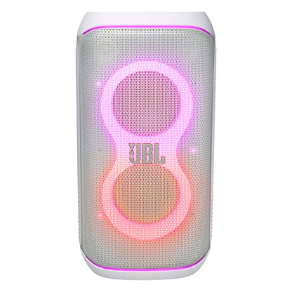 The JBL PartyBox Club 120 160W Wireless Party Speaker (White) features a metallic front grill, pink LED lights in an 8-shape around the speakers, and AI Sound Boost for enhanced wireless party sound.